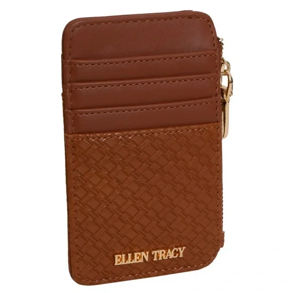 Ellen Tracy Cognac Basket Weave Zippered Card Holder - Picture 3 of 5
